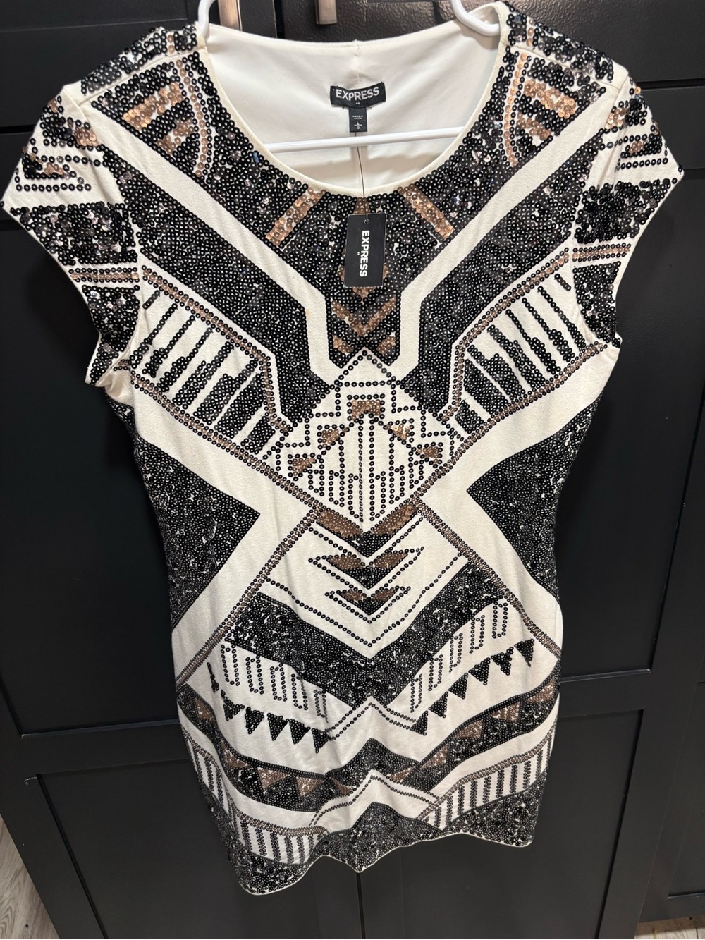 Express Ivory and Black Sequin Geometric Mini Dress